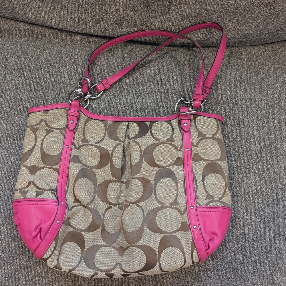 Coach Tote Carry All With Coach Jacquard And Pink Leather Trimp With Zipper
